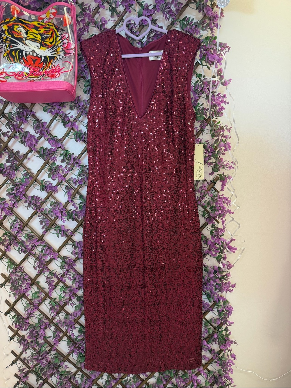 Eliza J Burgundy Sequin V-Neck Sheath Dress